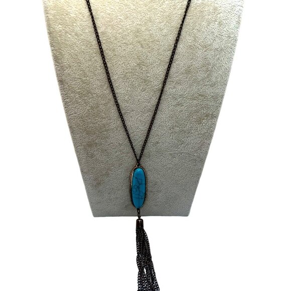 Turquoise Howlite Pendant Necklace With Tassel Chain.   A99 - Picture 1 of 8